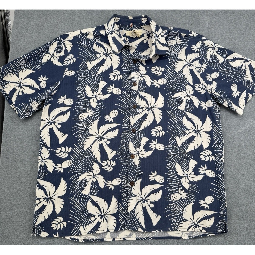 Men's Hawaiian Shirt Palm Leaf Print Blue White Cotton Short Sleeve XL Flawed
